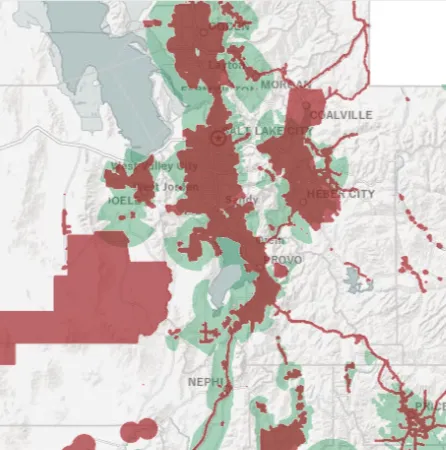 The old broadband map showing large swathes of land claimed as served that don't make sense